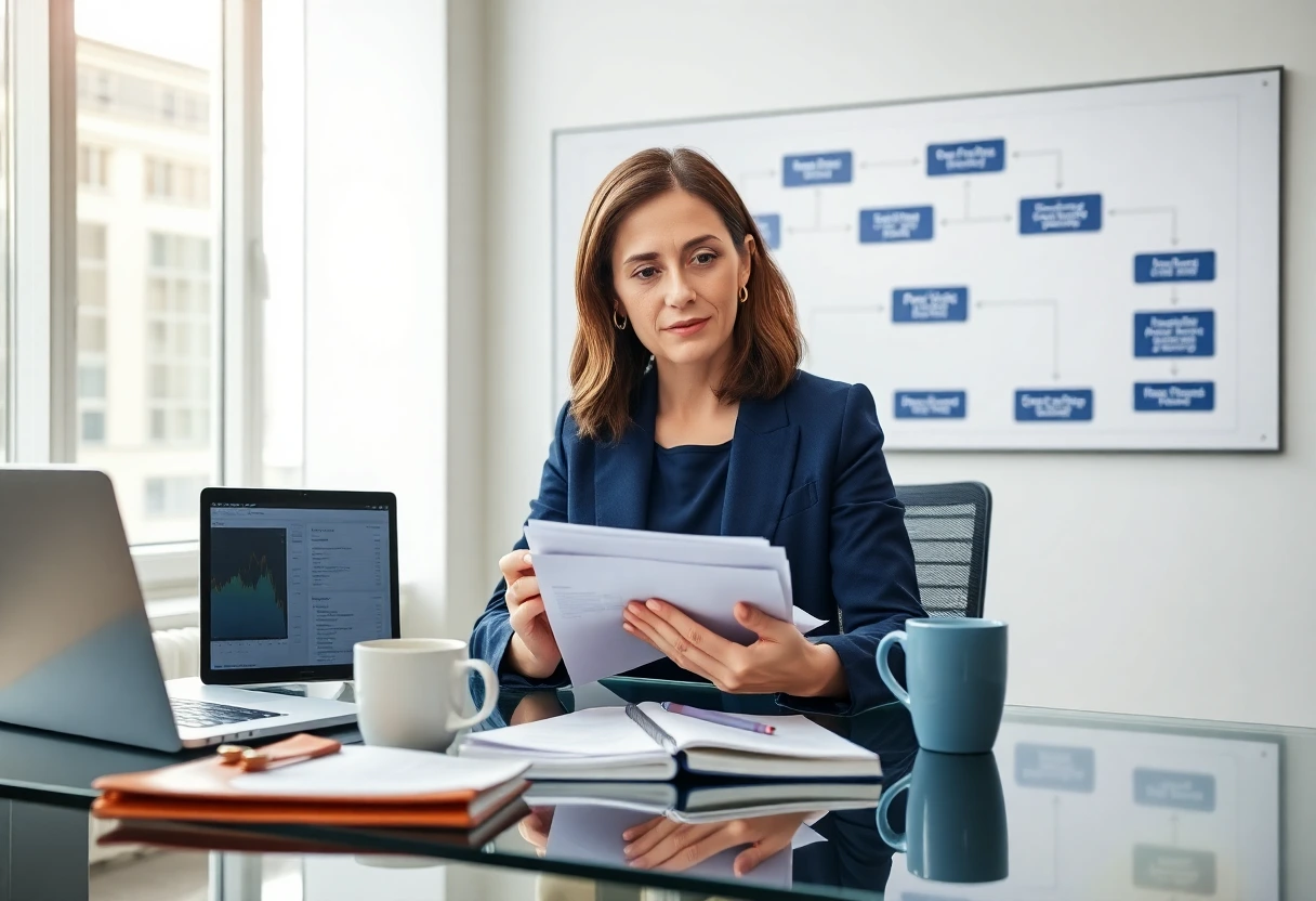 Interim Finance Manager prüft AP-Invoice-Stapel im modernen Büro, Workflow-Diagramm im Hintergrund